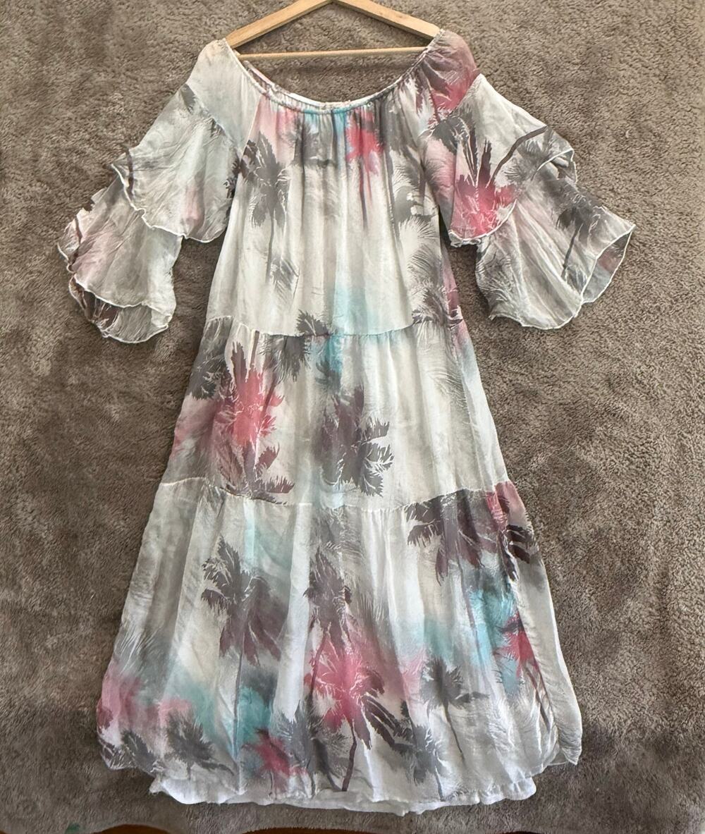 Anna Melani S Tiered Off Shoulder Midi Dress Watercolor Silk Gauze Lagenlook